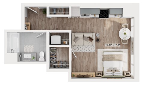 A floor plan of a small apartment with a kitchen, living room, and bathroom.